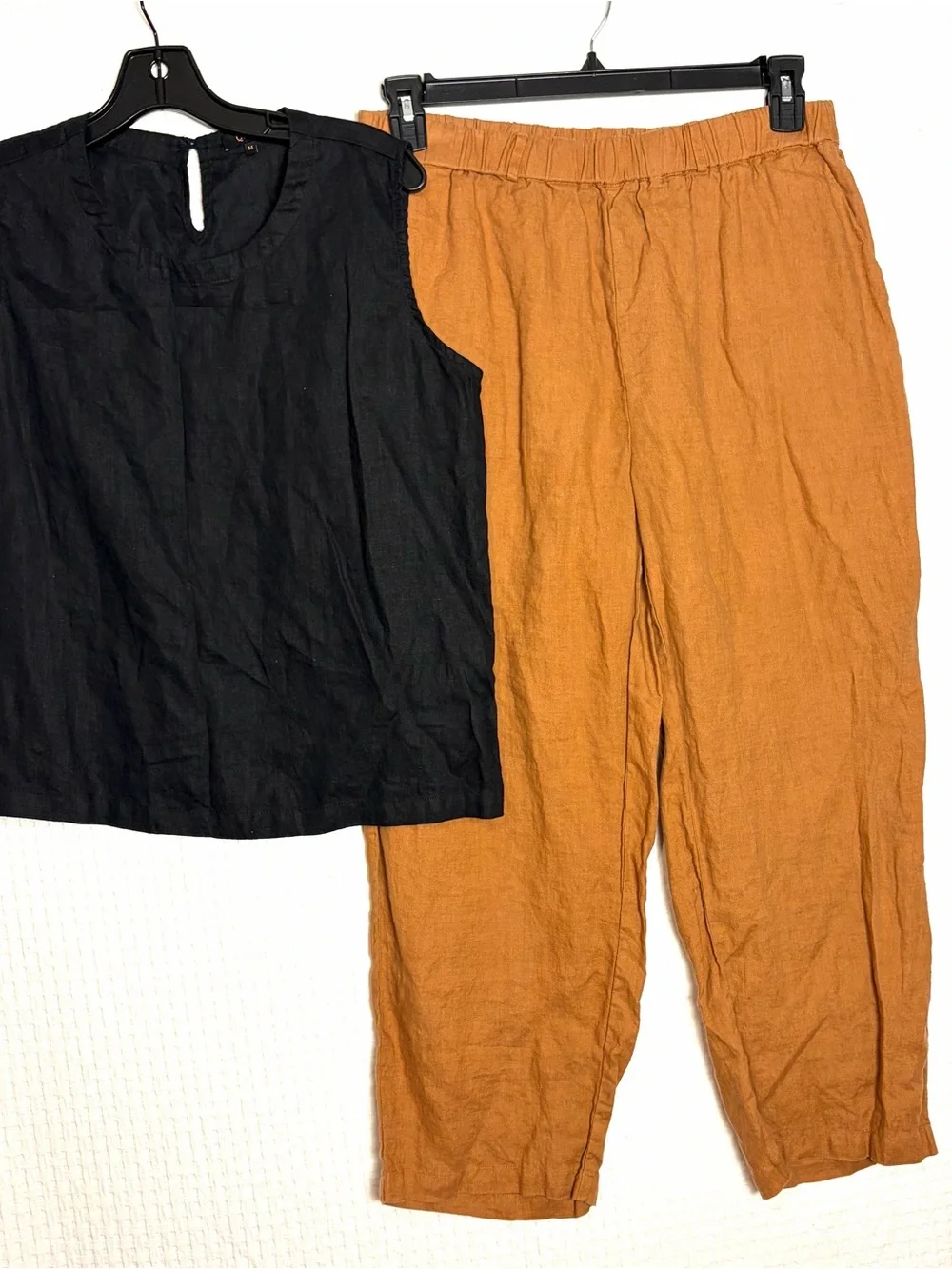 Quince Women 100% Linen 2-pc SET Black Tank Top Size M Tan Brown Pants Size L